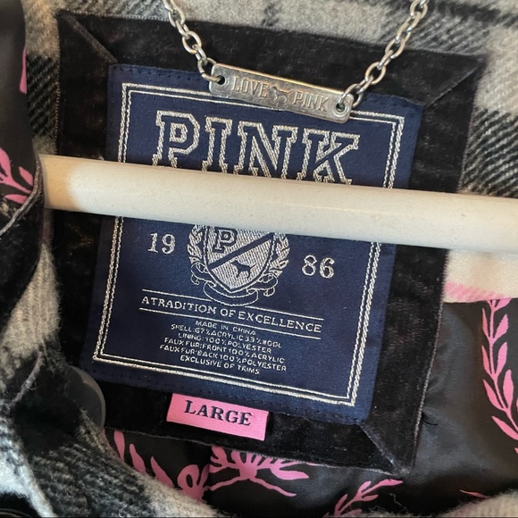 Victoria’s Secret PINK Limited Edition Plaid Pink Grey Fur Winter Coat Size L - Picture 12 of 16